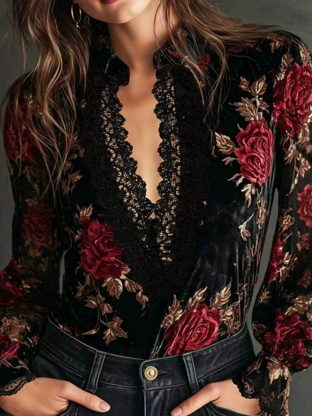 Black Casual Women's Velvet Floral Long Sleeve Shirt - Picture 6 of 6